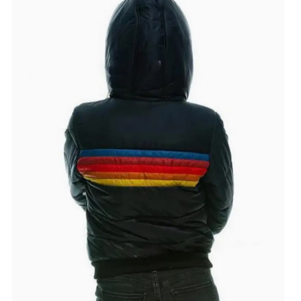 SALE 1 left New!Retro Women's Black Puffer Jacket with Rainbow Stripes - Picture 3 of 8